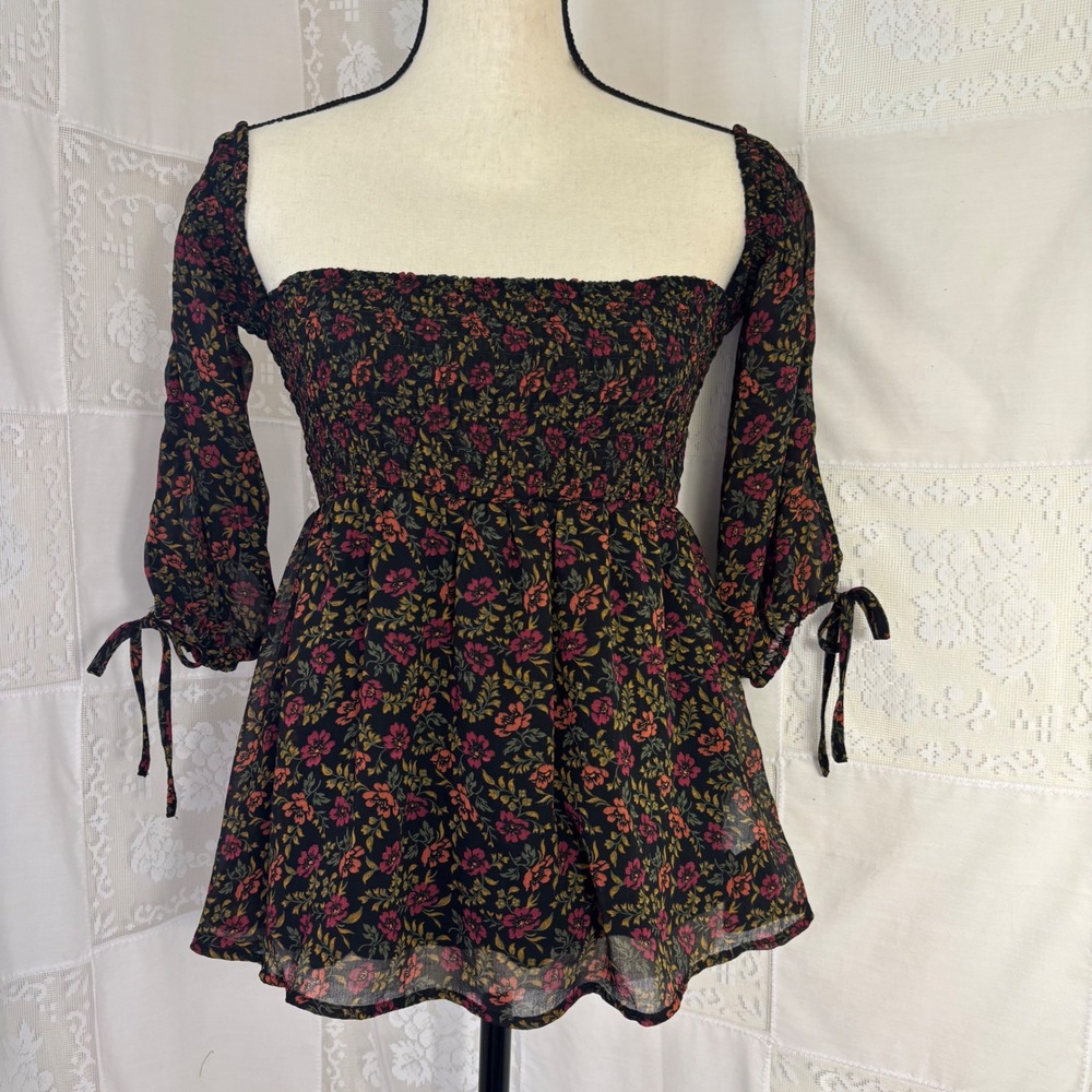 Black Split Sleeve Smock Milkmaid Babydoll Floral Coquette Lolita Blouse Size S‎